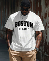 Men's Plus Size Street Fashion Boston Alphabet Print Round Neck Short Sleeve T-Shirt